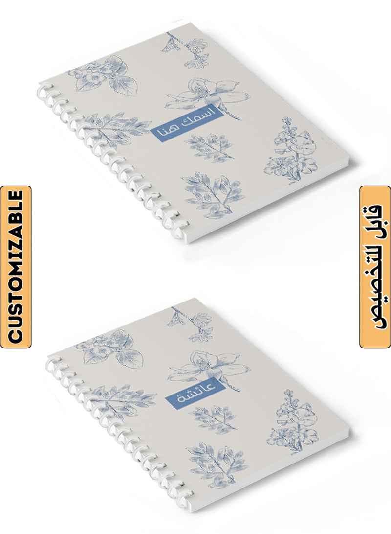 LOWHA - Customizable 60 Sheet Spiral Notebook Personalized with Your Name on Floral Hard Paper Cover Blue - Image 1