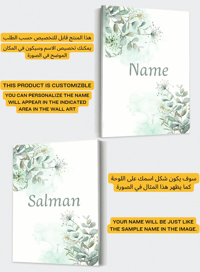 Customizable Canvas Wall Art Stretched Over Wooden Frame Personalized with Your name on Plant Leaves Design Green 50x70cm