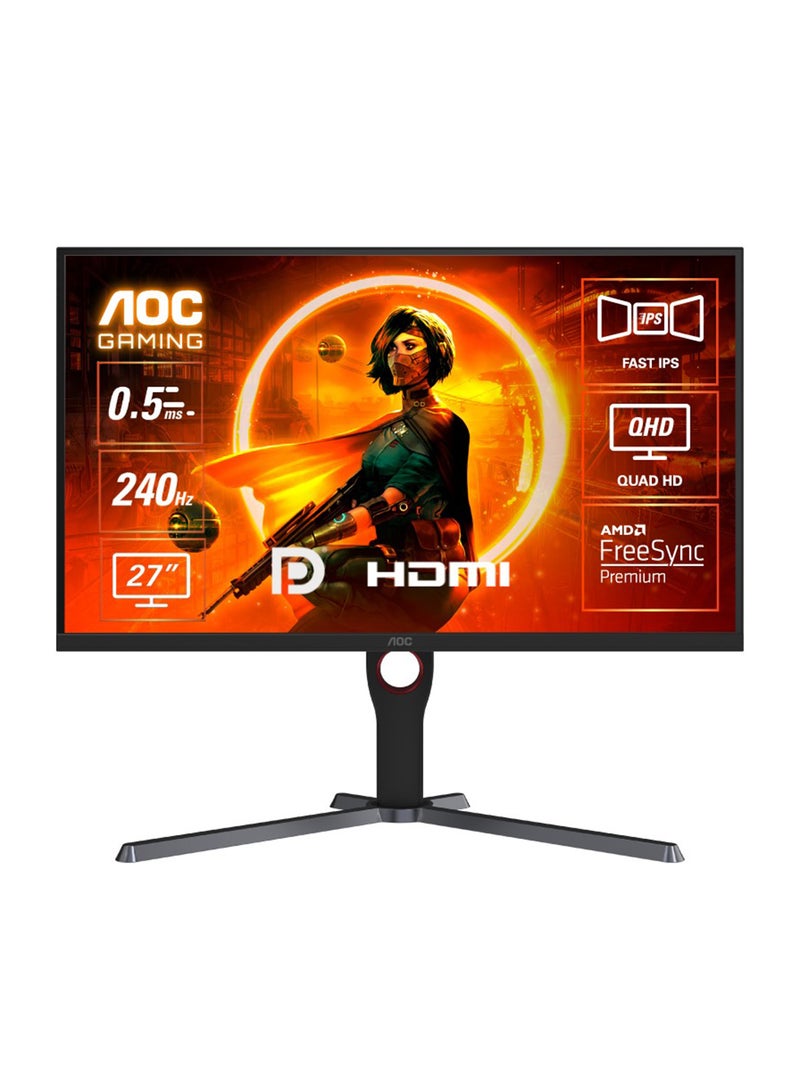AOC - 27" Inch Q27G3ZE Gaming Monitors 2K QHD 2560x1440, DisplayHDR 400, Fast IPS Panel Type, 240Hz Refresh Rate, 0.5ms Response Time, AMD FreeSync Premium Technology, Adjustable Stand | Black & Red - Image 1