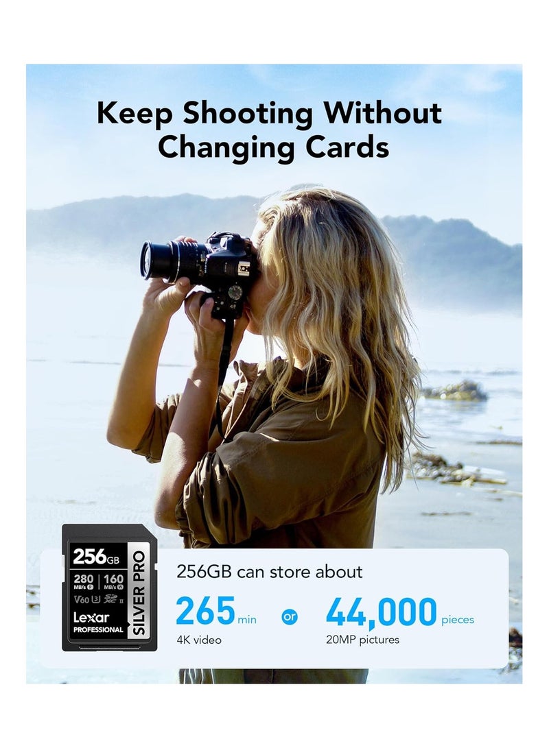 Lexar Lexar Professional 256GB (2-Pack) Silver PRO SDXC UHS-II Memory Card, C10, U3, V60, Full-HD & 4K Video, Up to 280MB/s Read, for Professional Photographer, Videographer, Enthusiast (LSDSIPR256G-B2NNU) 256 GB  - Image 2