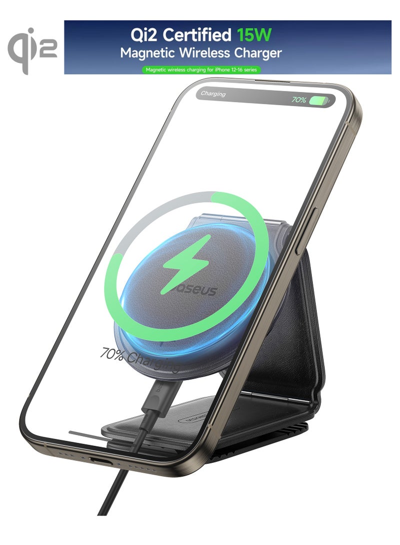 بيسوس - Qi2 15W MagSafe Car Mount Charger, Qi2-Certified Foldable Dashboard/Tesla MagSafe Wireless Car Charger, Magnetic Fast Charger for iPhone 16/15/14/13/12 Series, Compatible with Android Wireless Mobile Charging Devices, Fast charging- Cluster-Black - Image 1