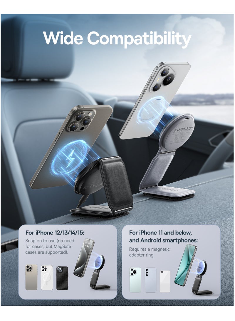 بيسوس - Qi2 15W MagSafe Car Mount Charger, Qi2-Certified Foldable Dashboard/Tesla MagSafe Wireless Car Charger, Magnetic Fast Charger for iPhone 16/15/14/13/12 Series, Compatible with Android Wireless Mobile Charging Devices, Fast charging- Cluster-Black - Image 1
