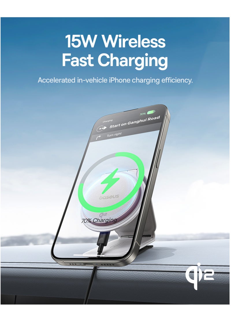 Baseus - Wireless MagSafe Car Mount Charger 15W, Qi2-Certified Foldable 360° Rotatable Magnetic Fast Charging for iPhone 16/15/14/13/12 Series, Compatible with Android Devices, Adjustable Secure Mount, Dashboard/Tesla Charger for Convenient On-the-Go Fast Charging - Moon White - Image 1