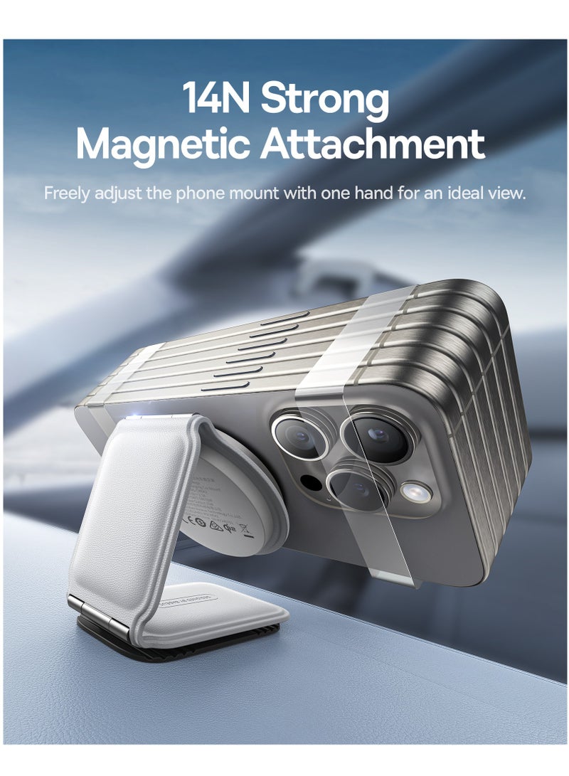 Baseus - Wireless MagSafe Car Mount Charger 15W, Qi2-Certified Foldable 360° Rotatable Magnetic Fast Charging for iPhone 16/15/14/13/12 Series, Compatible with Android Devices, Adjustable Secure Mount, Dashboard/Tesla Charger for Convenient On-the-Go Fast Charging - Moon White - Image 1
