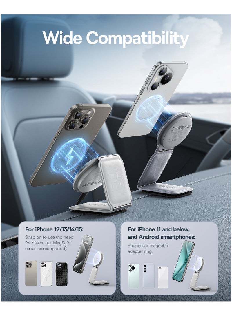Baseus - Wireless MagSafe Car Mount Charger 15W, Qi2-Certified Foldable 360° Rotatable Magnetic Fast Charging for iPhone 16/15/14/13/12 Series, Compatible with Android Devices, Adjustable Secure Mount, Dashboard/Tesla Charger for Convenient On-the-Go Fast Charging - Moon White - Image 1