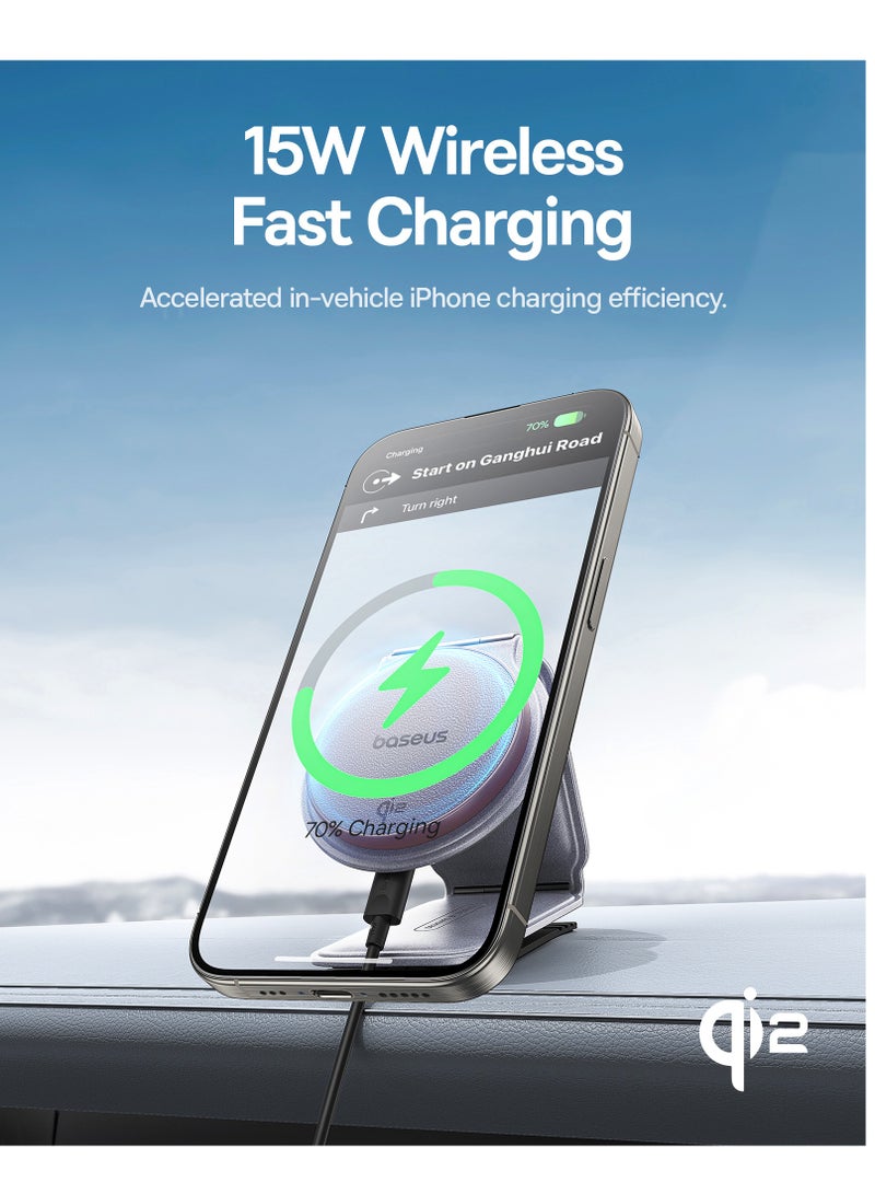 Baseus Wireless Car Mobile Holder and Charger, Qi2 15W MagSafe Wireless Car Mount Charger – Qi2-Certified Foldable Magnetic Fast Charger Compatible with iPhone 16/15/14/13/12 Series, Samsung S25/S24/S23, and Android Devices, Stylish, Durable Design Fits Tesla, Dashboards, Center Consoles, SUVs, and More Frosted Grey  - Image 2
