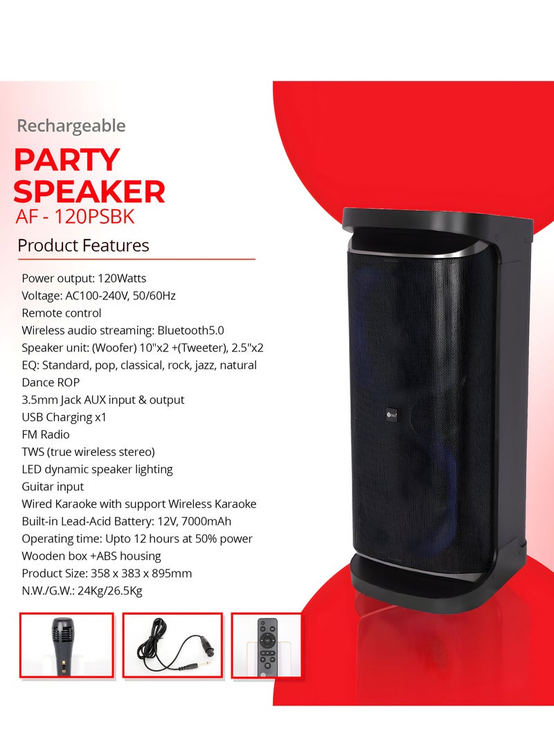 عفرا Party Speaker, 120 Watts, 24kg, 7000Ma Battery, Karaoke Mic, LED Speaker Lighting, 2 Years Warranty AF-120PSBK Black  - Image 4