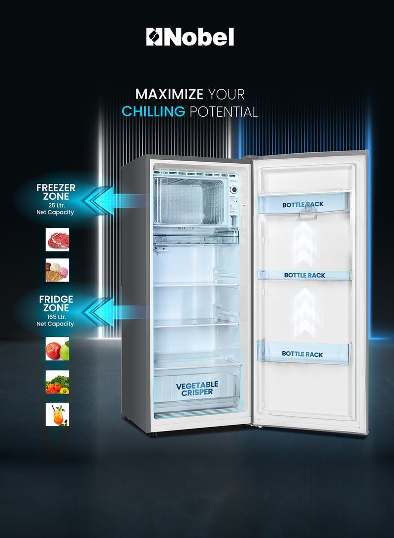 نوبل 275L Gross, 190L Net Single Door Refrigerator, Defrost, Mechanical Temp Control, Recessed Handle, R600a Refrigerant, 2 Glass Shelves, Vegetable Crisper NR210SS Silver  - Image 3