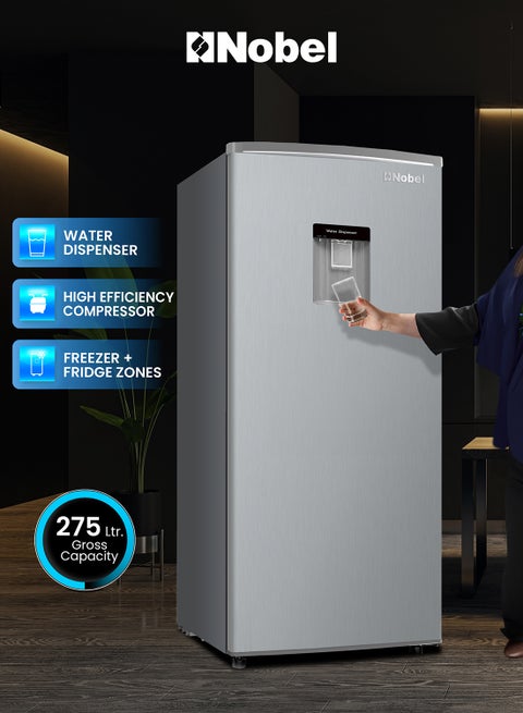 275L Gross, 190L Net Single Door Refrigerator, Defrost, Mechanical Temp Control, Recessed Handle, R600a Refrigerant, 2 Glass Shelves, Vegetable Crisper NR210SS Silver