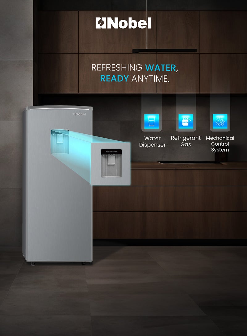 نوبل 275L Gross, 190L Net Single Door Refrigerator, Defrost, Mechanical Temp Control, Recessed Handle, R600a Refrigerant, 2 Glass Shelves, Vegetable Crisper NR210SS Silver  - Image 4