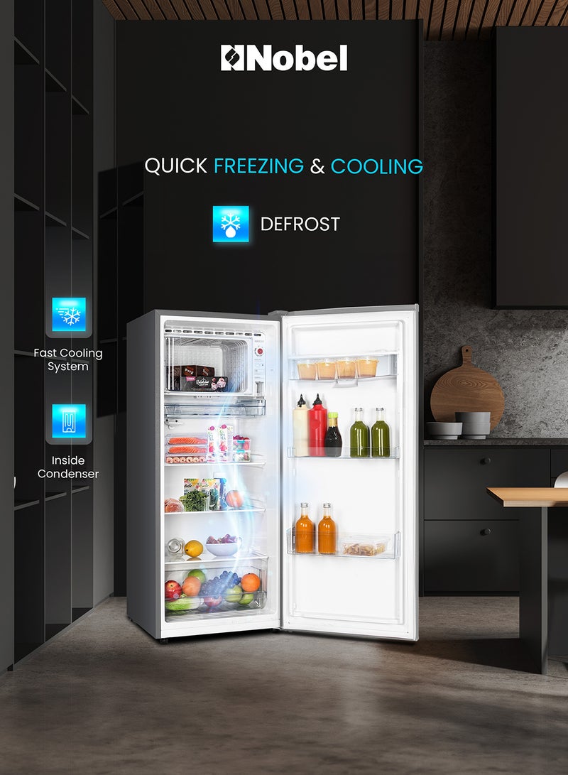 نوبل 275L Gross, 190L Net Single Door Refrigerator, Defrost, Mechanical Temp Control, Recessed Handle, R600a Refrigerant, 2 Glass Shelves, Vegetable Crisper NR210SS Silver  - Image 2