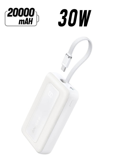 20000 mAh 20000 mAh Zolo Power Bank, 20,000mAh 30W High-Speed Portable Charger with Built-In USB-C Cable, 1 USB-C, 1 USB-A, Battery Pack For iPhone 16/16 Plus/16 Pro/16 Pro Max/15/14/13 Series, Galaxy, and More WHITE