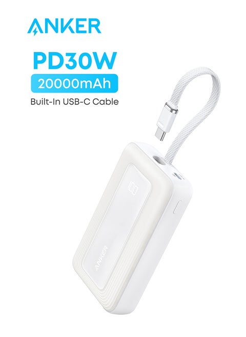 20000 mAh 20000 mAh Zolo Power Bank, 20,000mAh 30W High-Speed Portable Charger with Built-In USB-C Cable, 1 USB-C, 1 USB-A, Battery Pack For iPhone 16/16 Plus/16 Pro/16 Pro Max/15/14/13 Series, Galaxy, and More WHITE