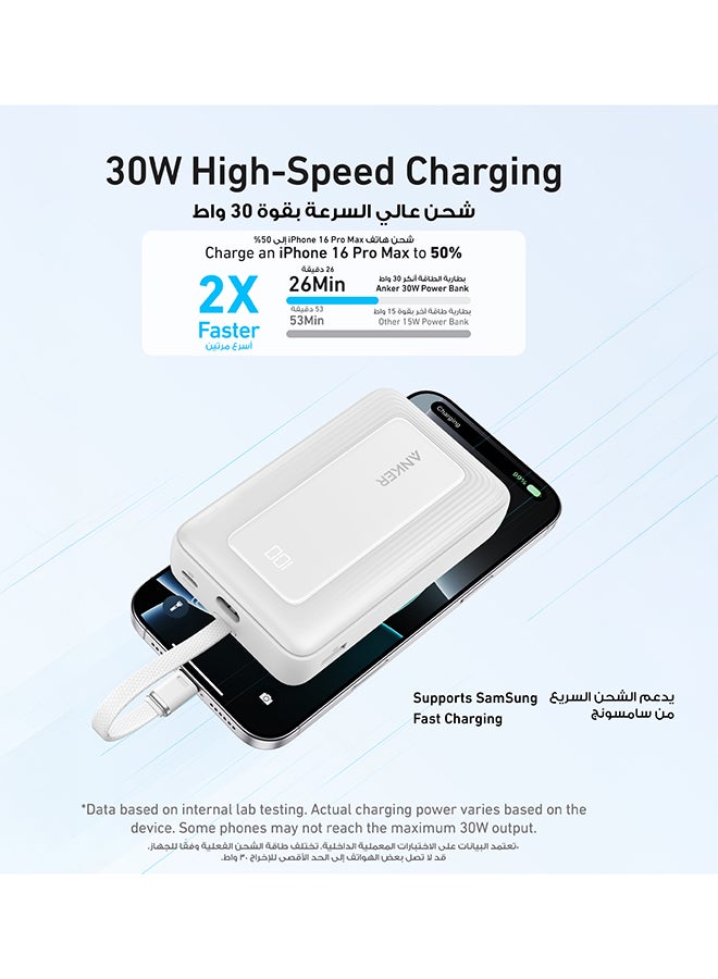 20000 mAh 20000 mAh Zolo Power Bank, 20,000mAh 30W High-Speed Portable Charger with Built-In USB-C Cable, 1 USB-C, 1 USB-A, Battery Pack For iPhone 16/16 Plus/16 Pro/16 Pro Max/15/14/13 Series, Galaxy, and More WHITE
