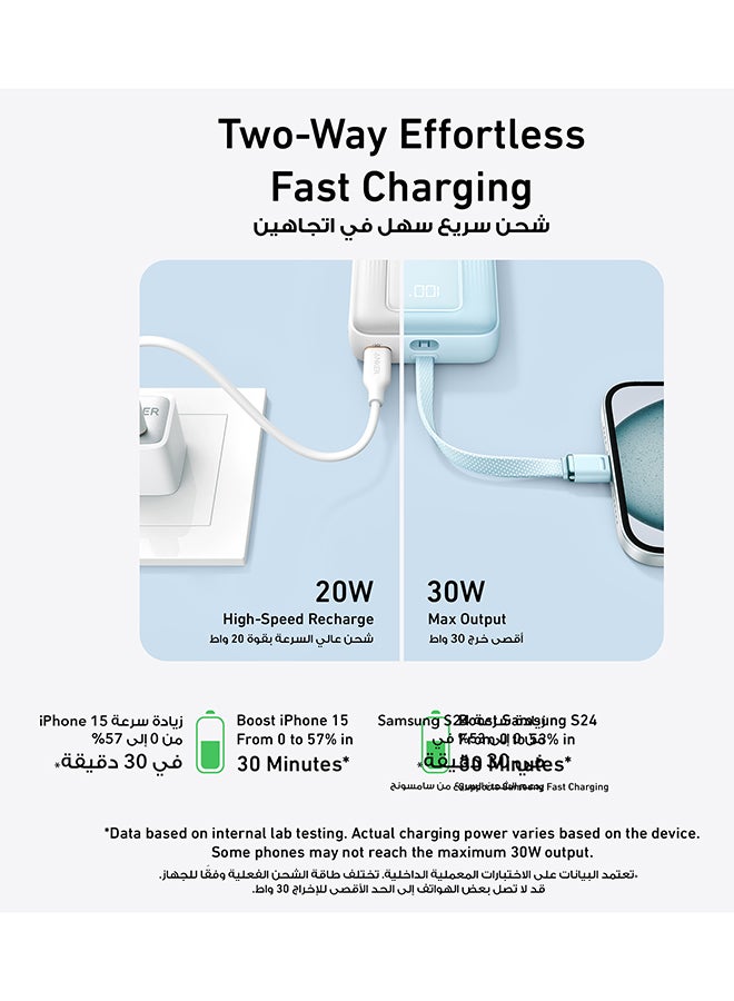 20000 mAh 20000 mAh Zolo Power Bank, 20,000mAh 30W High-Speed Portable Charger with Built-In USB-C Cable, 1 USB-C, 1 USB-A, Battery Pack For iPhone 16/16 Plus/16 Pro/16 Pro Max/15/14/13 Series, Galaxy, and More WHITE