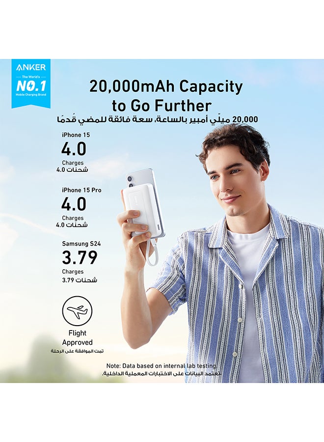 20000 mAh 20000 mAh Zolo Power Bank, 20,000mAh 30W High-Speed Portable Charger with Built-In USB-C Cable, 1 USB-C, 1 USB-A, Battery Pack For iPhone 16/16 Plus/16 Pro/16 Pro Max/15/14/13 Series, Galaxy, and More WHITE