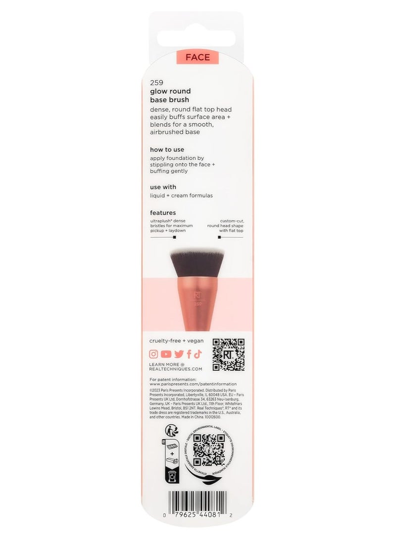 REAL TECHNIQUES - Glow Round Base Makeup Brush, For Liquid & Cream Makeup, Flat Top Foundation Brush For Buffing & Blending Up Coverage, Dense Synthetic Bristles, Vegan & Cruelty Free Orange - Image 1