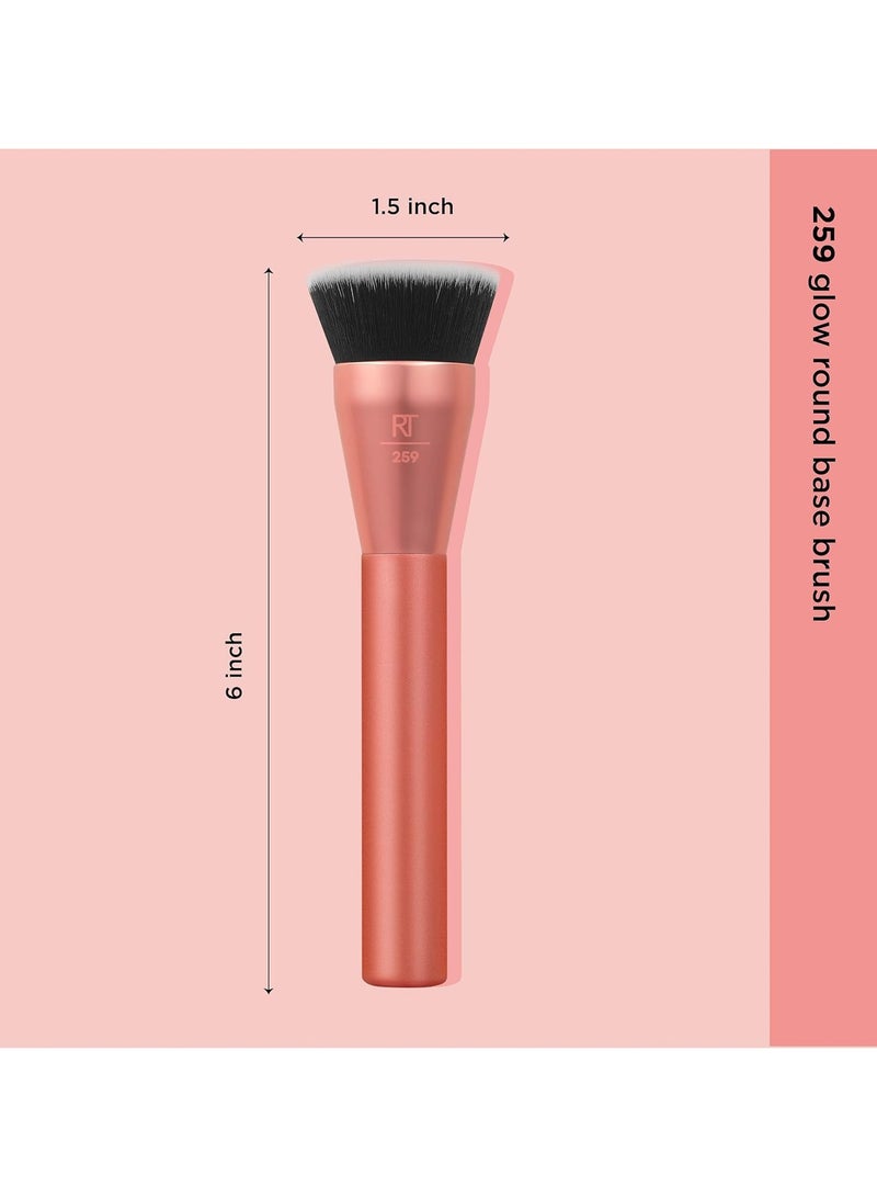 REAL TECHNIQUES - Glow Round Base Makeup Brush, For Liquid & Cream Makeup, Flat Top Foundation Brush For Buffing & Blending Up Coverage, Dense Synthetic Bristles, Vegan & Cruelty Free Orange - Image 1