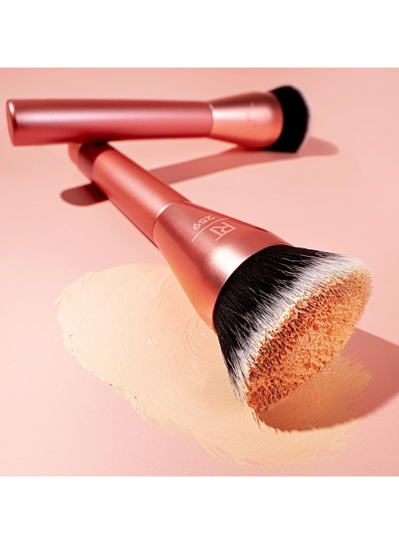 REAL TECHNIQUES - Glow Round Base Makeup Brush, For Liquid & Cream Makeup, Flat Top Foundation Brush For Buffing & Blending Up Coverage, Dense Synthetic Bristles, Vegan & Cruelty Free Orange - Image 1