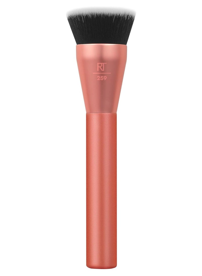 REAL TECHNIQUES - Glow Round Base Makeup Brush, For Liquid & Cream Makeup, Flat Top Foundation Brush For Buffing & Blending Up Coverage, Dense Synthetic Bristles, Vegan & Cruelty Free Orange - Image 1