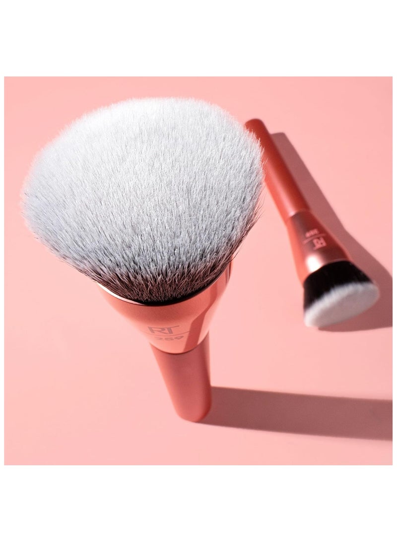 REAL TECHNIQUES - Glow Round Base Makeup Brush, For Liquid & Cream Makeup, Flat Top Foundation Brush For Buffing & Blending Up Coverage, Dense Synthetic Bristles, Vegan & Cruelty Free Orange - Image 1