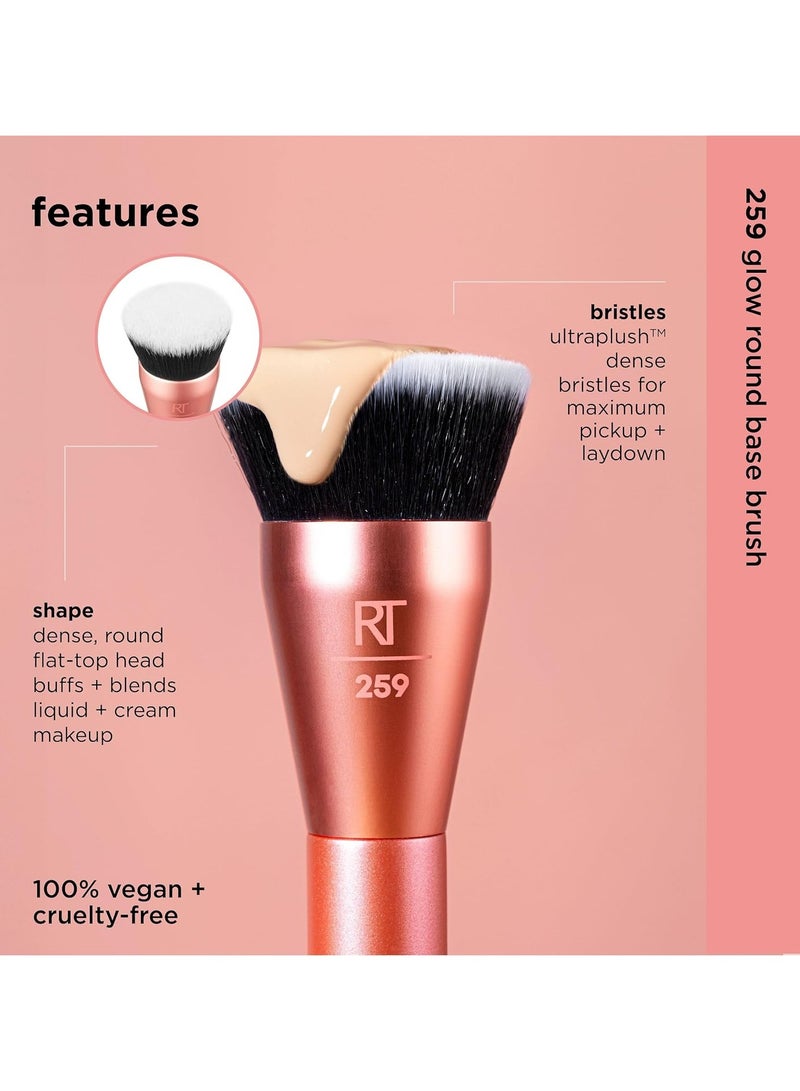 REAL TECHNIQUES - Glow Round Base Makeup Brush, For Liquid & Cream Makeup, Flat Top Foundation Brush For Buffing & Blending Up Coverage, Dense Synthetic Bristles, Vegan & Cruelty Free Orange - Image 1
