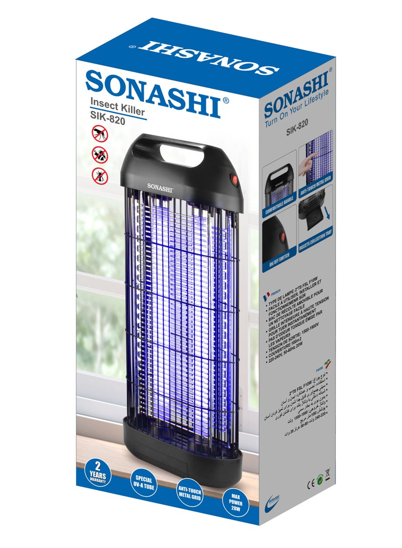 SONASHI - Insect Killer with Ultra UV-A Tube and Anti-Touch Metal Grid | High Coverage of 80m2 | Easy to Use, Install, and Safe Operation | Removable Tray for Easy Cleaning | Effective and Durable 20 W SIK-820 Black - Image 1