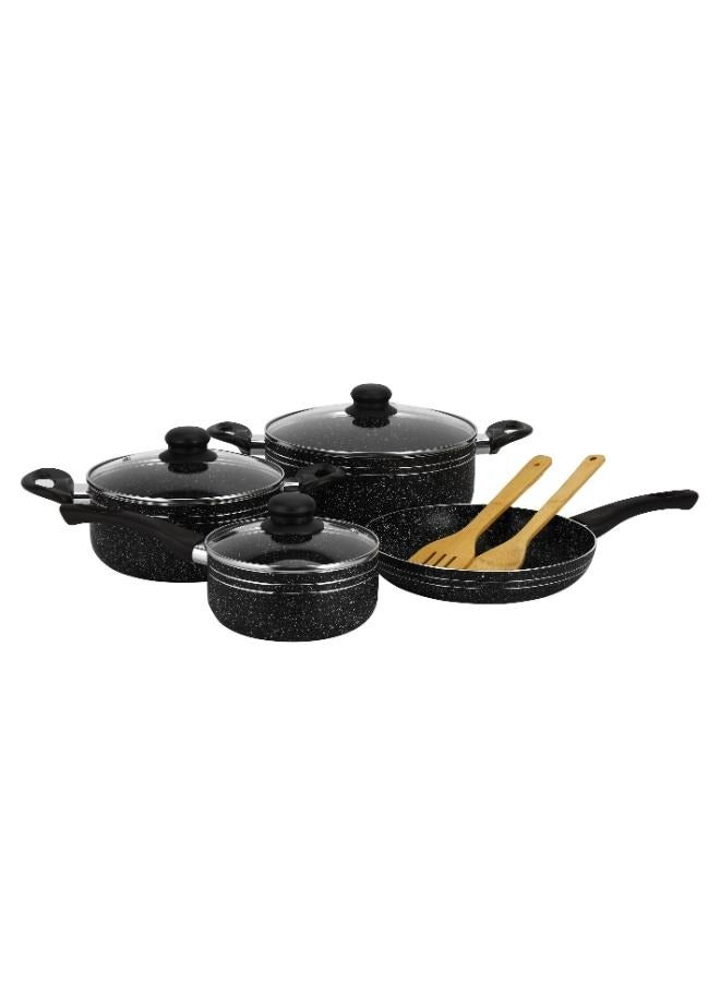 Royalford 9-piece Marble Coated and Press Aluminum Body Ritz Plus Cookware Set  Dot Induction Base, Bakelite Handles and Lid/ Includes Casseroles, Saucepan, Bamboo Kitchen Tools and Fry Pan/ Black Black - Image 1
