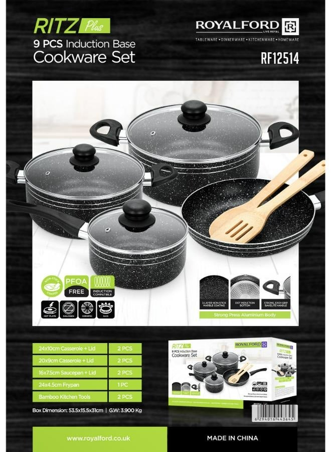 Royalford 9-piece Marble Coated and Press Aluminum Body Ritz Plus Cookware Set  Dot Induction Base, Bakelite Handles and Lid/ Includes Casseroles, Saucepan, Bamboo Kitchen Tools and Fry Pan/ Black Black - Image 3