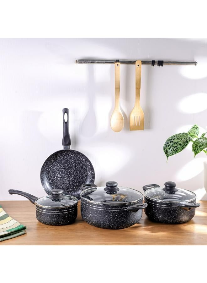 Royalford 9-piece Marble Coated and Press Aluminum Body Ritz Plus Cookware Set  Dot Induction Base, Bakelite Handles and Lid/ Includes Casseroles, Saucepan, Bamboo Kitchen Tools and Fry Pan/ Black Black - Image 2