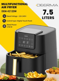 Digital Air Fryer, LED Display, Oil-Free Fryer, Non-Stick Cooking Tray,Temperature Control Up to 200°C & 14 Buttons Easy Navigation Space-Saving Slim Design 7.5 L 1700 W DEM-KZ120W Black