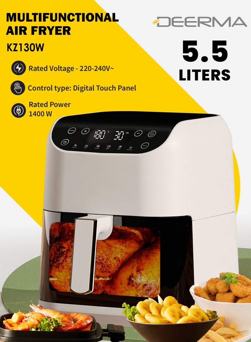 Deerma Digital Air Fryer, LED Display & Touch Control,  Oil-Free Fryer, 6 Preset Programs with  Dynamic NTC Temperature control & Time Set,Delay Start Function & Easy to Clean 5.5 L 1400 W DEM-KZ130W White  - Image 1