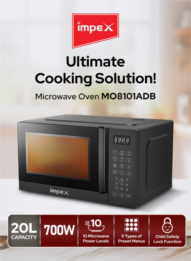 Impex 20L Digital Microwave Oven (MO 8101ADB) | 700W Power | 8 Preset Menus | 10 Power Levels | Child Safety Lock | Defrost Function | 99-Min Timer | Push Button Door | 255mm Glass Turntable | 2-Year Warranty | Compact & Efficient Kitchen Appliance 20 L 700 W MO 8101ADB Black 20 L 700 W MO 8101ADB Black - Image 3