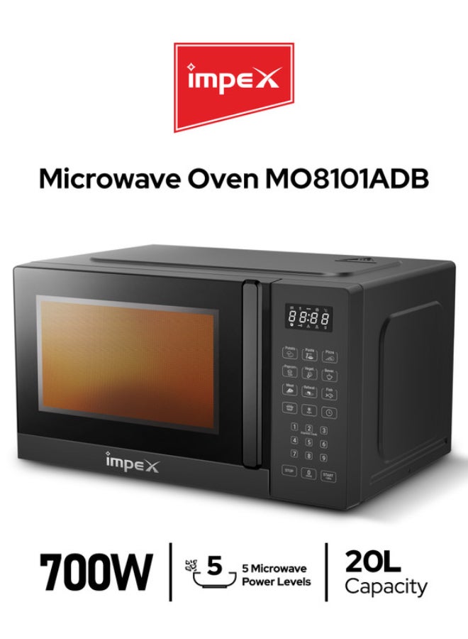 Impex 20L Digital Microwave Oven (MO 8101ADB) | 700W Power | 8 Preset Menus | 10 Power Levels | Child Safety Lock | Defrost Function | 99-Min Timer | Push Button Door | 255mm Glass Turntable | 2-Year Warranty | Compact & Efficient Kitchen Appliance 20 L 700 W MO 8101ADB Black 20 L 700 W MO 8101ADB Black - Image 1