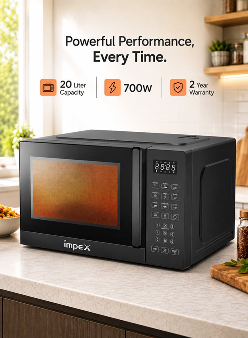 Impex 20L Digital Microwave Oven (MO 8101ADB) | 700W Power | 8 Preset Menus | 10 Power Levels | Child Safety Lock | Defrost Function | 99-Min Timer | Push Button Door | 255mm Glass Turntable | 2-Year Warranty | Compact & Efficient Kitchen Appliance 20 L 700 W MO 8101ADB Black 20 L 700 W MO 8101ADB Black - Image 1