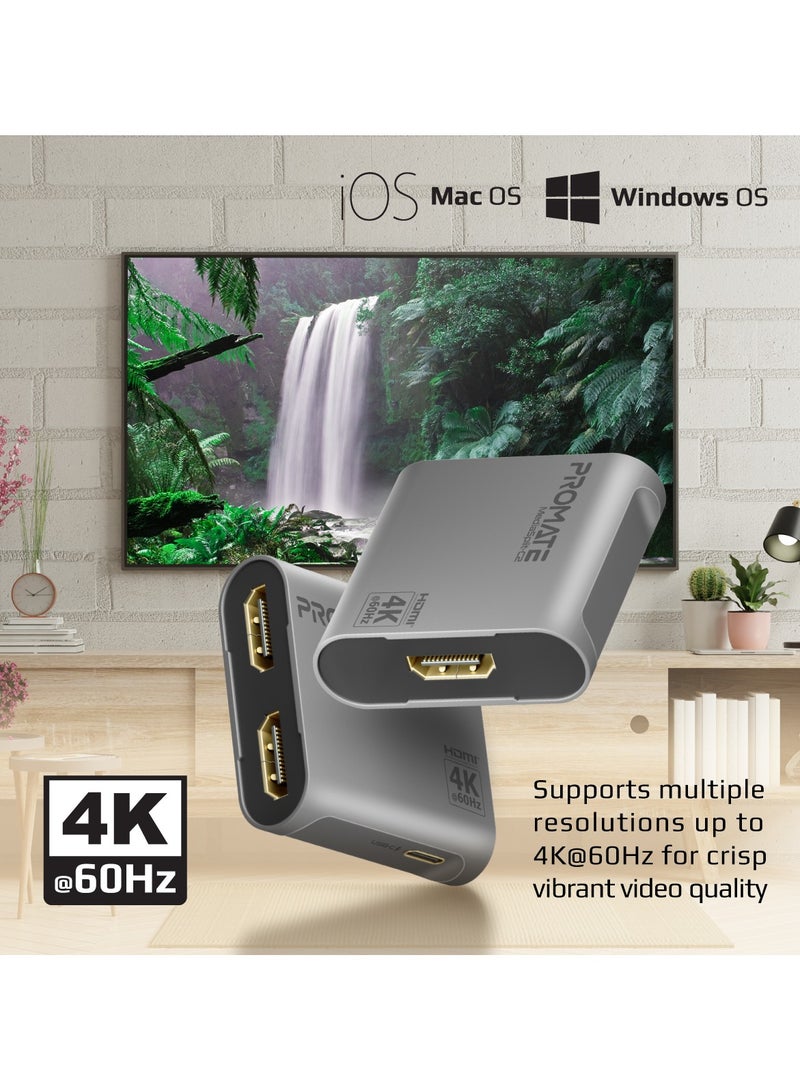 PROMATE - HDMI Splitter, Ultra HD 4k 60Hz 1 in, 2 out HDMI Adapter Converter with Dual HDMI Ports, Compact Travel-Friendly Design for MacBook Pro, MacBook Air, PS5, Dell, Lenovo, HP, Asus, MediaSplit-C2 Silver - Image 1