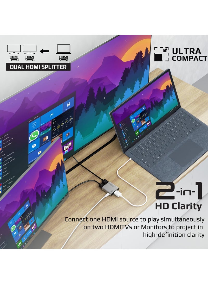 PROMATE - HDMI Splitter, Ultra HD 4k 60Hz 1 in, 2 out HDMI Adapter Converter with Dual HDMI Ports, Compact Travel-Friendly Design for MacBook Pro, MacBook Air, PS5, Dell, Lenovo, HP, Asus, MediaSplit-C2 Silver - Image 1