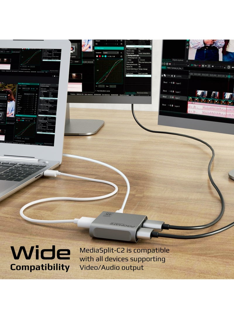 PROMATE - HDMI Splitter, Ultra HD 4k 60Hz 1 in, 2 out HDMI Adapter Converter with Dual HDMI Ports, Compact Travel-Friendly Design for MacBook Pro, MacBook Air, PS5, Dell, Lenovo, HP, Asus, MediaSplit-C2 Silver - Image 1