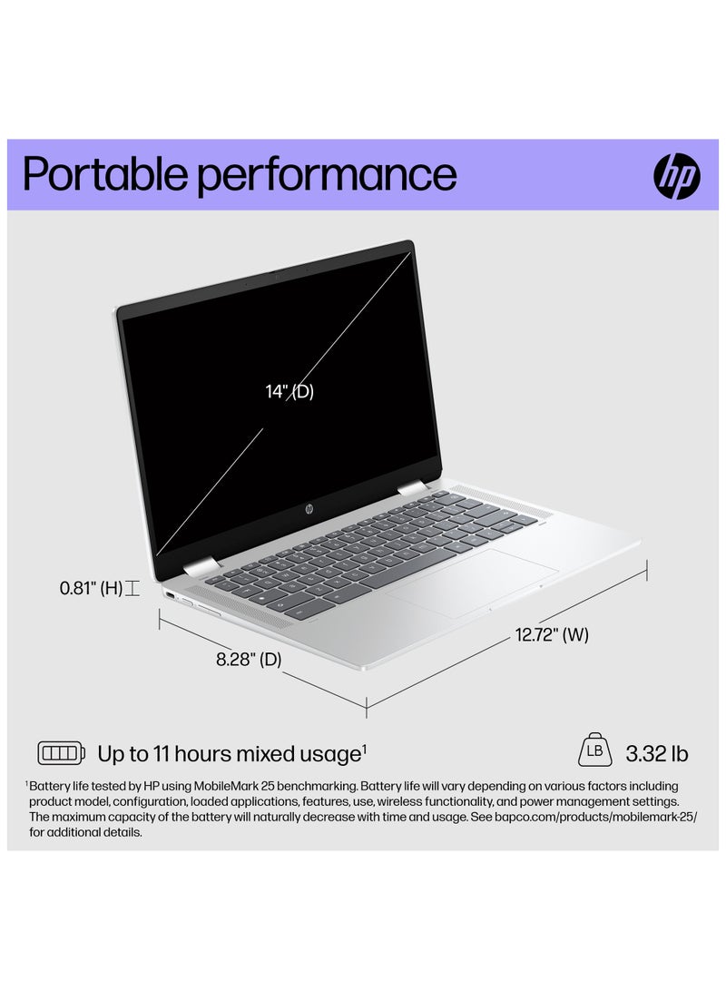HP - X360 Laptop 2-in-1 With 14-Inch Touchscreen Display, Celeron N200 Processor/8GB RAM/128GB Flash/Intel UHD 770 Graphics/Chrome OS English Silver - Image 1