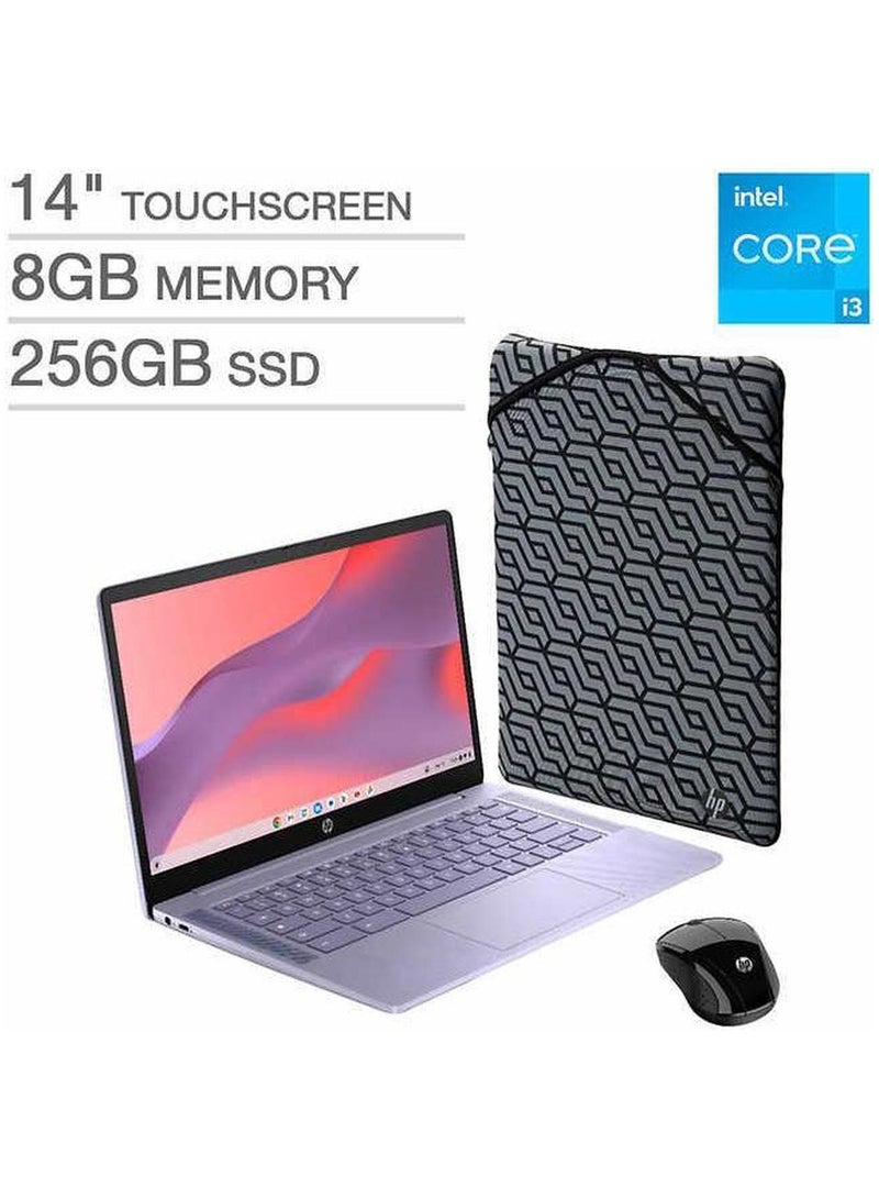 HP - Chromebook Plus Laptop Bundle With 14-Inch Touchscreen FHD IPS Micro-Edge Anti-Glare Display, Core i3-N305 Processor/8GB RAM/256GB Flash/Intel UHD 600 Graphics/Chrome OS+ Laptop Sleeve And HP Wireless Mouse English Silver - Image 1