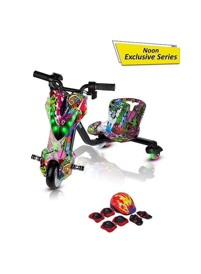 MYTOYS Mini 36V High-Power 360° Electric Stunt Drifting Scooter For Kids & Adults - Adjustable Body With Bluetooth & Protective Gear, 3 Speed Modes, 250W Brushless Motor, 8-15 Km/H With 80 Kg Load, Age 6+ Noon Exclusive Series - Multicolor Grafitti 