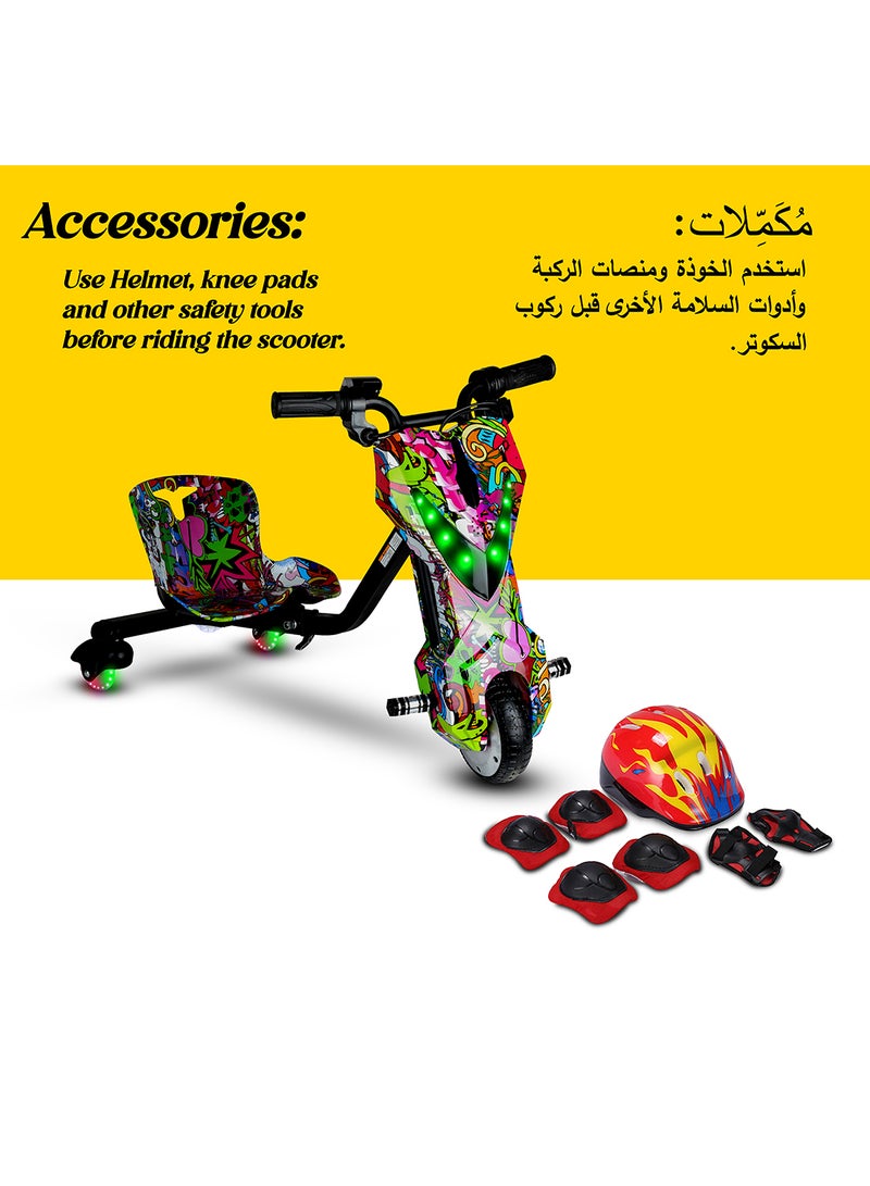 MYTOYS - Mini 36V High-Power 360° Electric Stunt Drifting Scooter For Kids & Adults - Adjustable Body With Bluetooth & Protective Gear, 3 Speed Modes, 250W Brushless Motor, 8-15 Km/H With 80 Kg Load, Age 6+ Noon Exclusive Series - Multicolor Grafitti - Image 1