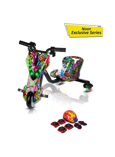 Mini 36V High-Power 360° Electric Stunt Drifting Scooter For Kids & Adults - Adjustable Body With Bluetooth & Protective Gear, 3 Speed Modes, 250W Brushless Motor, 8-15 Km/H With 80 Kg Load, Age 6+ Noon Exclusive Series - Multicolor Grafitti
