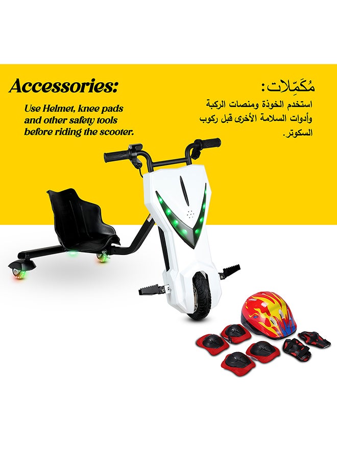 MYTOYS - 36V High-Power 360° Electric Stunt Drifting Scooter For Kids & Adults - Adjustable Body With Bluetooth & Protective Gear, 3 Speed Modes, 250W Brushless Motor, 8-15 Km/H With 80 Kg Load, Age 6+ Noon Exclusive Series - White - Image 1
