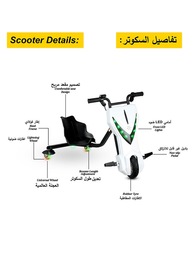 MYTOYS - 36V High-Power 360° Electric Stunt Drifting Scooter For Kids & Adults - Adjustable Body With Bluetooth & Protective Gear, 3 Speed Modes, 250W Brushless Motor, 8-15 Km/H With 80 Kg Load, Age 6+ Noon Exclusive Series - White - Image 1