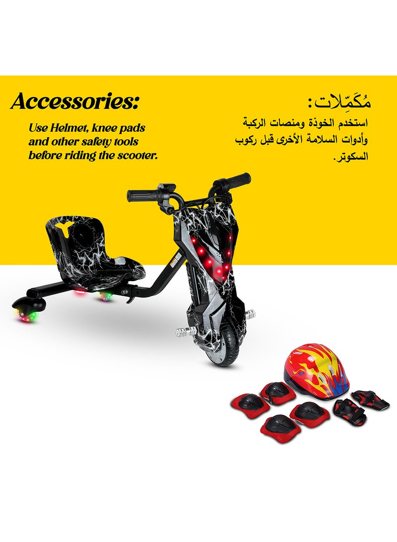 MYTOYS - Mini 36V High-Power 360° Electric Stunt Drifting Scooter For Kids & Adults - Adjustable Body With Bluetooth & Protective Gear, 3 Speed Modes, 250W Brushless Motor, 8-15 Km/H With 80 Kg Load, Age 6+ Noon Exclusive Series - Electric Black & White - Image 1