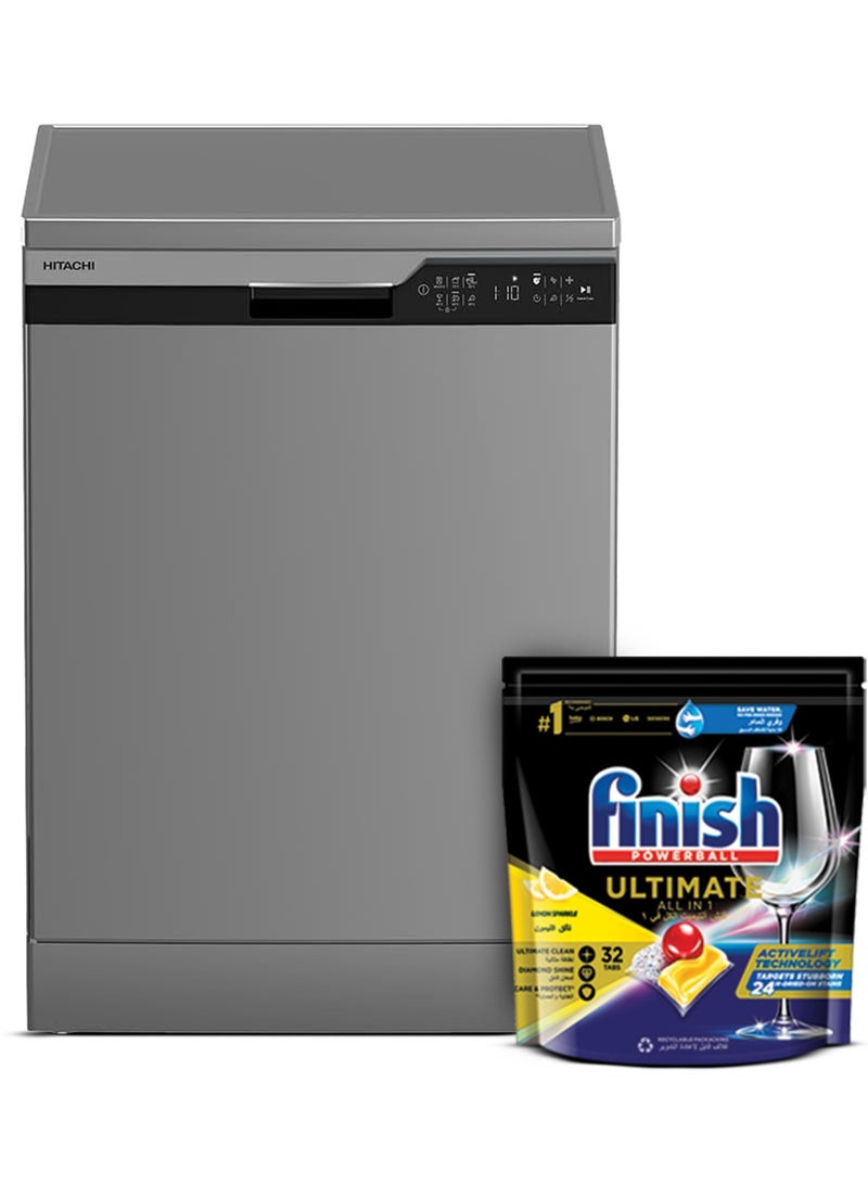 HITACHI Dishwasher Freestanding, 14 Place Setting, 6 Programs,  Silent Dishwasher, + ( Free)  Finish Powerball Ultimate All-in-1 Lemon Sparkle Dishwasher Tablets For Clean And Shine HDFF146VS-Finish Grey - Image 1