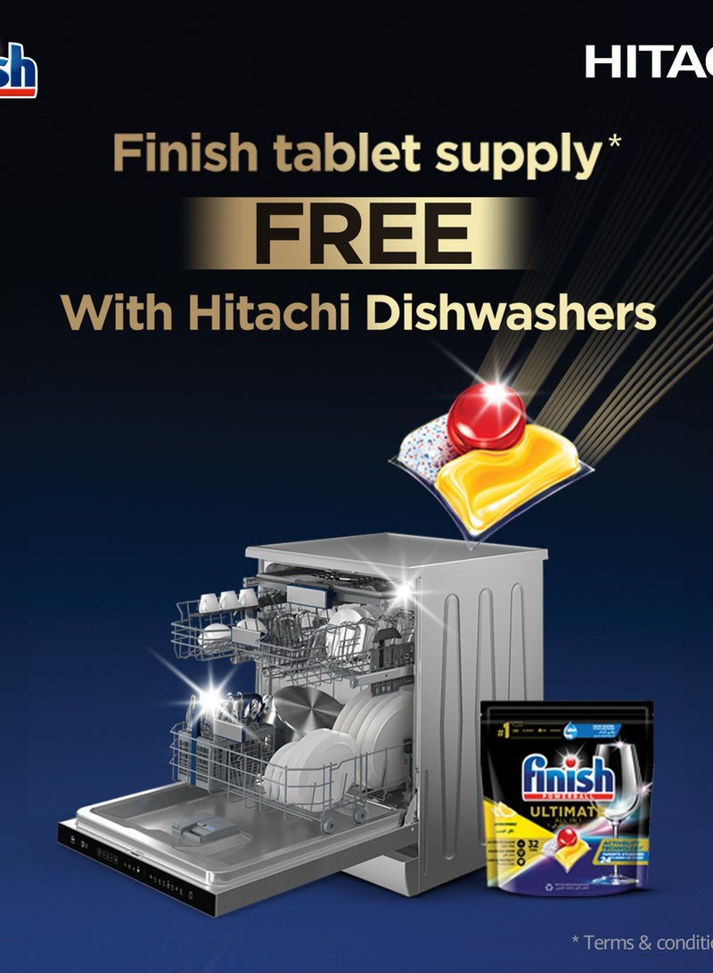 HITACHI Dishwasher Freestanding, 14 Place Setting, 6 Programs,  Silent Dishwasher, + ( Free)  Finish Powerball Ultimate All-in-1 Lemon Sparkle Dishwasher Tablets For Clean And Shine HDFF146VS-Finish Grey - Image 2