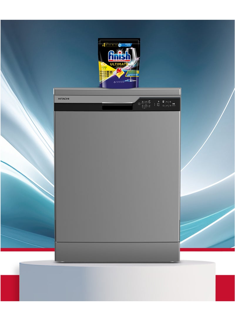 HITACHI Dishwasher Freestanding, 14 Place Setting, 6 Programs,  Silent Dishwasher, + ( Free)  Finish Powerball Ultimate All-in-1 Lemon Sparkle Dishwasher Tablets For Clean And Shine HDFF146VS-Finish Grey - Image 3