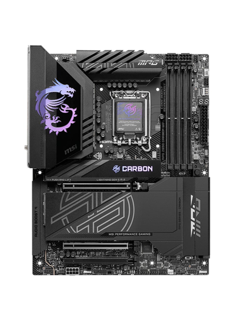 MSI - MPG Z890 CARBON Wi-Fi ATX Motherboard, Intel Z890 Chipset, LGA1851 Socket, 4*DIMM DDR5 256GB Max Memory, 5*M.2, 1*PCIe 5.0*16, 1*2.5Gb & 1*5Gb Ethernet, Wi-Fi 7, Bluetooth v5.4, 1*HDMI, 2*Type-C Display Port, Audio Boost 4, Frozr Guard, EZ DIY, Ready For AI PC | 911-7E17-001 Black - Image 1